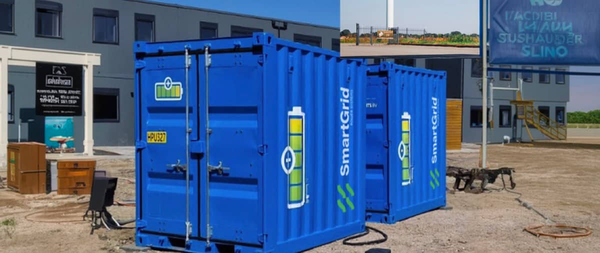 Containerisierte Hybridgenerator-Einheiten in blauen Gehäusen