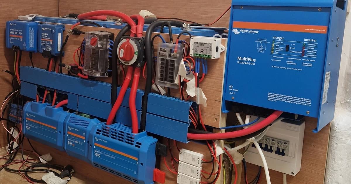 Victron Wechselrichter/Ladegerät, Solarladeregler und Sammelschienen an einer Wohnmobilwand montiert